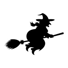 Czarownica w spiczastym kapeluszu lecąca na miotle. Dekoracja na Halloween. Ilustracja wektorowa. © Monika