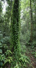 Obraz premium Lush greenery surrounds a towering tree trunk, heavily covered in vibrant vines.