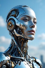 Futuristic cyborg woman with metallic skin and intricate mechanical details standing tall