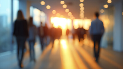 Blurry business office corridor with people walking during sunset, creating warm light and long shadows, casual wear, modern workplace atmosphere, busy environment