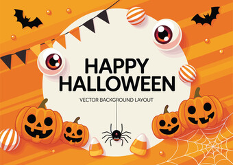 Halloween festive illustration, pumpkins eyeballs candy bats spider web bold text orange striped background, playful spooky design, vector clipart artwork