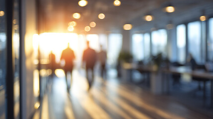 Blurred office people walking sunlight modern workspace business environment casual wear bright interior corporate setting teamwork professional atmosphere