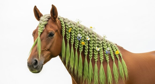 A beautiful chestnut horse with its mane intricately braided with green ribbons and adorned with small wildflowers.
