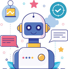 Artificial Intelligence Chatbot Collecting Customer Feedback &ndash; Flat Vector Illustration for Survey, Review, and User Experience Concept