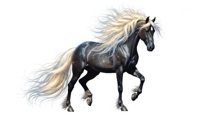 Obraz premium A majestic black horse with a flowing white mane and tail, captured in a dynamic pose against a white background.
