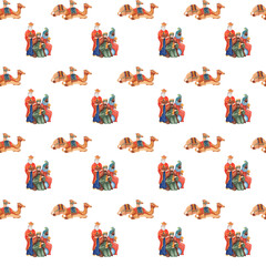 Fototapeta premium Seamless biblical Christmas pattern with the Three Kings bringing gifts. Perfect for festive textiles, wrapping paper, Christmas cards, and holiday decorations.