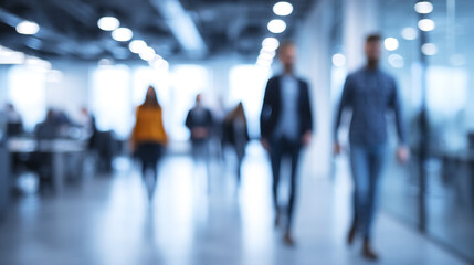 Blurred business office with people walking in casual and formal wear, modern corporate environment with bright lighting and open space creating dynamic and professional atmosphere