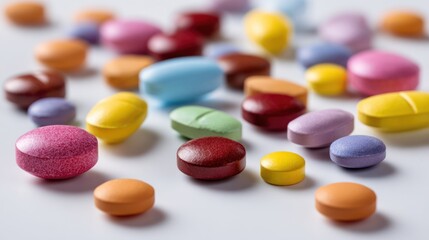 Colorful pills scattered on a white surface