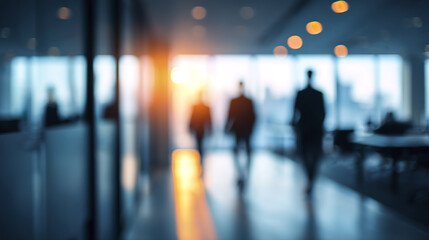Blurred business people walking in modern office corridor with sunlight shining through windows creating warm atmosphere and professional environment