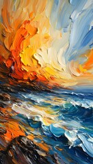 Abstract seascape painting with vibrant colors and heavy texture showcasing ocean waves and sky