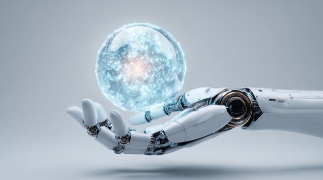 Futuristic robot hand holding a glowing energy orb representing technological advancement