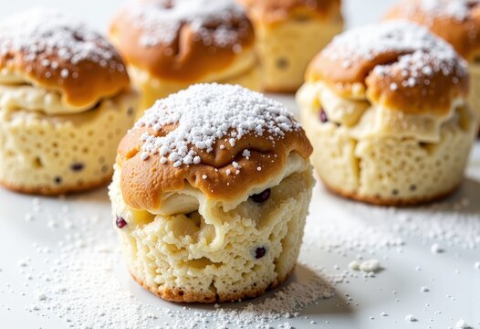 Delicious homemade muffins topped with a generous dusting of powdered sugar, showcasing a golden brown crust and soft, moist interior with visible ingredients inside - Powered by Adobe