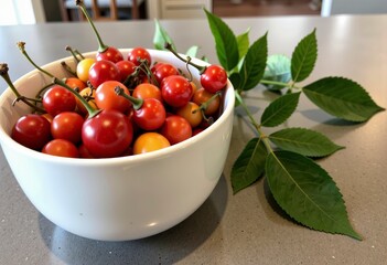 Vibrant Array of Freshly Harvested Cherry Tomatoes in White Bowl with Lush Green Leaves on Modern Kitchen Countertop
