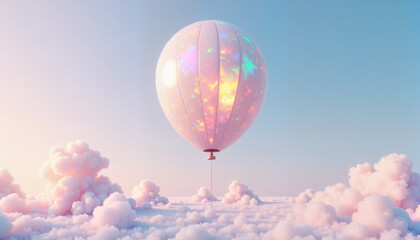 Fototapeta premium Opalescent balloon floats above pastel clouds, with space for text