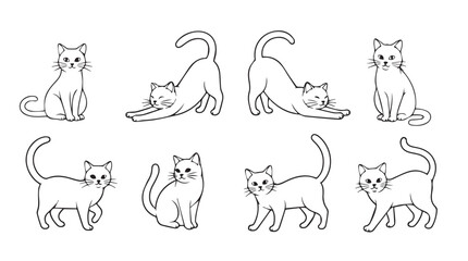 Collection of stylized hand-drawn cat poses showing playful and relaxed feline activities silhouette