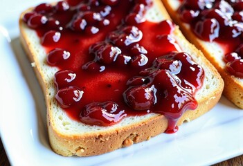 Close-up image of two slices of toasted bread generously topped with vibrant red berry jam with visible fruit chunks, served on a white rectangular plate