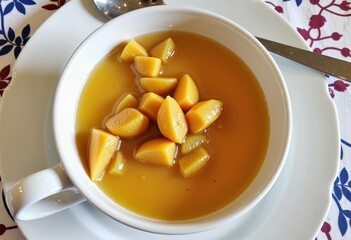 Aromatic Pumpkin Soup with Chunky Pumpkin Pieces in a White Bowl on a Decorative Tablecloth