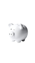 A small, smooth, white ceramic piggy bank, slightly angled, isolated on a black background