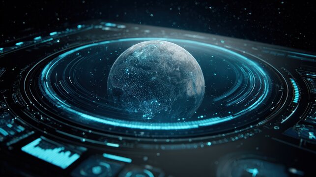 Futuristic Earth hologram interface with digital HUD elements and space background