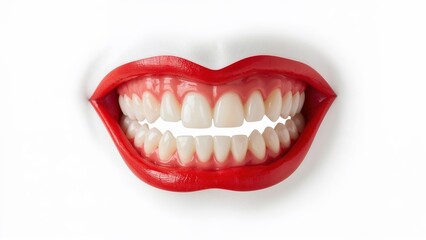 Naklejka premium Closeup of smiling red lips with perfect white teeth and healthy gums on white background, dental care and cosmetic smile concept