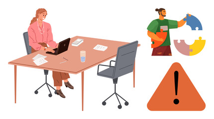 Woman working on a laptop at a desk, man assembling puzzle pieces representing teamwork, with a caution triangle for focus or warning. Ideal for teamwork, problem-solving, collaboration