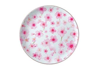 Round plate with a delicate pink cherry blossom pattern on a white background