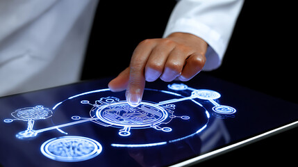 Person interacting with a futuristic digital interface displaying interconnected data nodes and diagrams