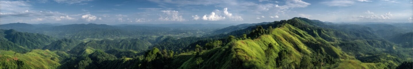 Fototapeta premium Stunning hdr panorama of lush green hills nature landscape aerial view