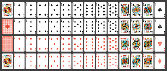 Poker cards. Royal flush in hearts, red ace and kings, gambling game and casino bet concept, playing cards game with 52 card deck. Vector set