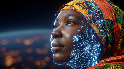 A woman wearing a colorful headscarf with digital circuit patterns overlaying her face, set against a cityscape at night.