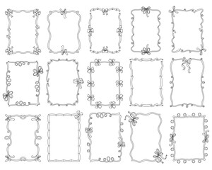Vintage bow ribbon frame. Doodle minimalist decorative borders with bows and ribbons, elegant sketch hand drawn design elements for wedding invitation card. Vector set