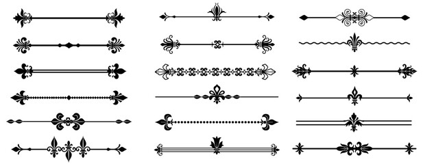 Royal lily border. Ornamental decorative divider frame collection with fleur de lis symbols, elegant vintage flourish stroke design for label certificate diploma. Vector set © Tartila
