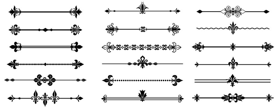 Royal lily border. Ornamental decorative divider frame collection with fleur de lis symbols, elegant vintage flourish stroke design for label certificate diploma. Vector set