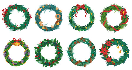 Christmas wreath. Decorative winter circle with holly leaves and red berries, cartoon Xmas traditional symbol for door decoration and greeting card. Vector wreaths set