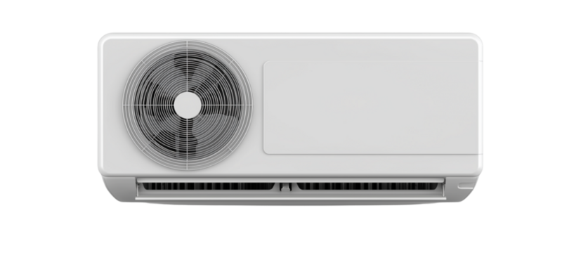 a simple air conditioner with an outdoor unit, white background, front view, product design style