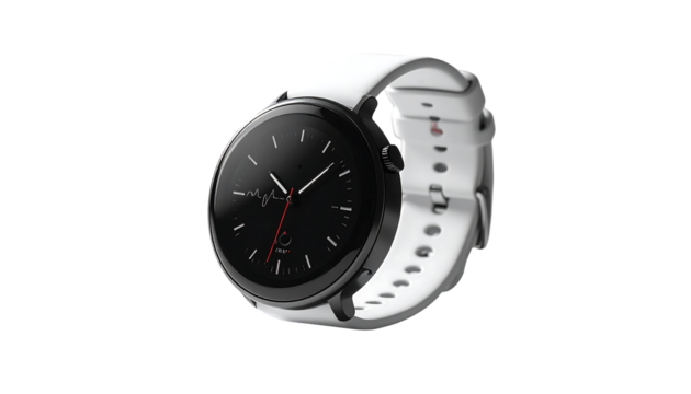 Sleek white smartwatch with minimalist black face, analog hands, and a perforated white silicone band
