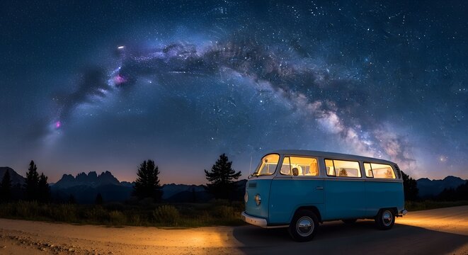 A vintage blue Volkswagen van parked on a dirt road at night, illuminated under the spectacular arch of the Milky Way galaxy.