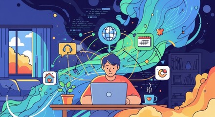 A vibrant illustration of remote work: Connectivity, comfort, and productivity
