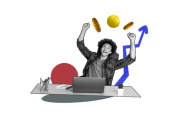 Composite photo collage of excited american man sit workplace coin income arrow profit laptop supplies isolated on painted background