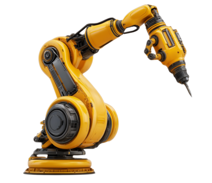  photo of a yellow industrial robot arm on a white background, side view, isolated, stock photo