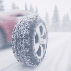A whole tire standing in the snow during a cold, snowy winter.