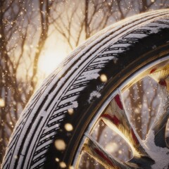 Close-up of the tire structure during a cold, sunny winter.