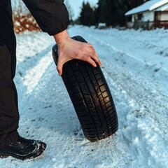 A man's hand rolling a winter tire in the snow