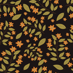 Print autumn_floral_pattern_stylized_leaves_fall_seasonal_themed_black_background