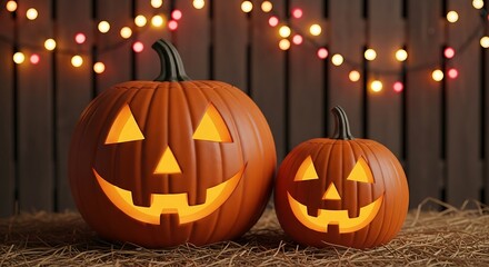 Fototapeta premium Two carved pumpkins with glowing faces and string lights