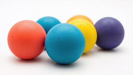Colorful foam balls arranged on white background for playful kids activities, sensory therapy, and educational learning concepts
