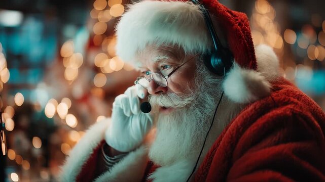 Santa holds mic in hand online. Claus focused during Christmas call. Holiday lights behind Santa. Beard and headset clear. Beard, Claus, Christmas, call, computer, headset, holiday, office, Santa
