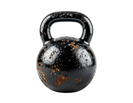 Weathered black kettlebell with a worn, speckled surface and a smooth, arched handle