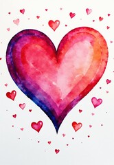 Watercolor Painting of a Large Heart with Surrounding Small Hearts