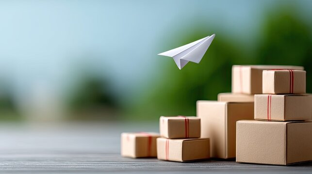 Stack of Cardboard Boxes with Paper Airplane Against Blurry Green Background Expressing Delivery Service Concept